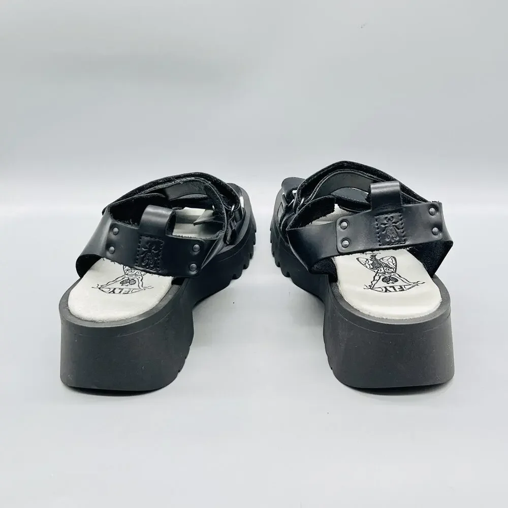FLY London Sandals Women 11 Black Leather Strappy Hook & Loop Wedge Shoes Casual